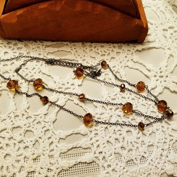 Dainty Long Necklace | Dark Chain Amber-tone Beads - Picture 1 of 8